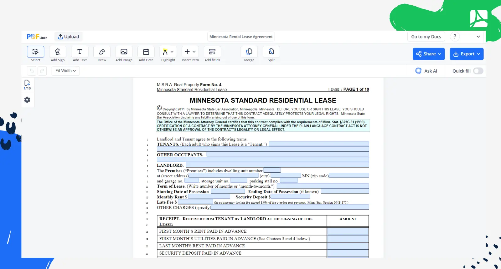 Minnesota Rental Lease Agreement Screenshot