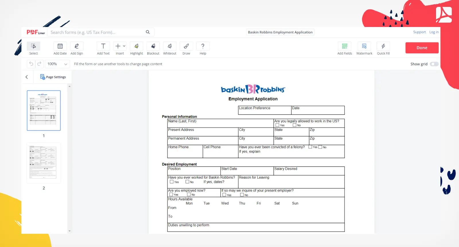 Baskin Robbins Employment Application Form Screenshot