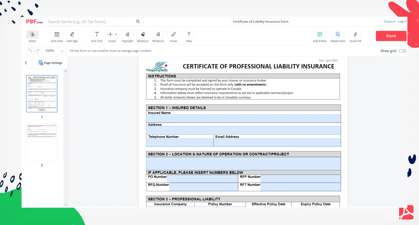 Certificate of Liability Insurance Form Screenshot