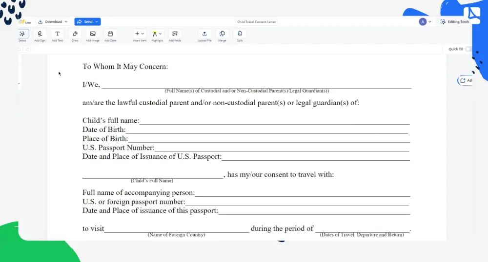 child-travel-consent-letter screenshot