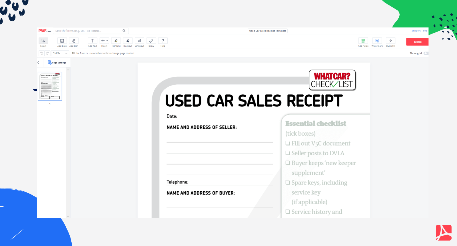 Used Car Sales Receipt Template on PDFLiner