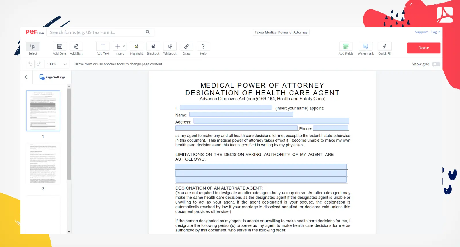 Texas Medical Power of Attorney Form Screenshot