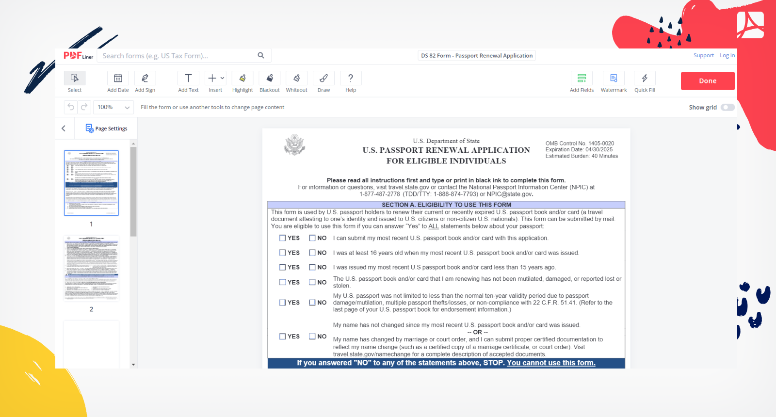 DS 82 Form - Passport Renewal Application Screenshot