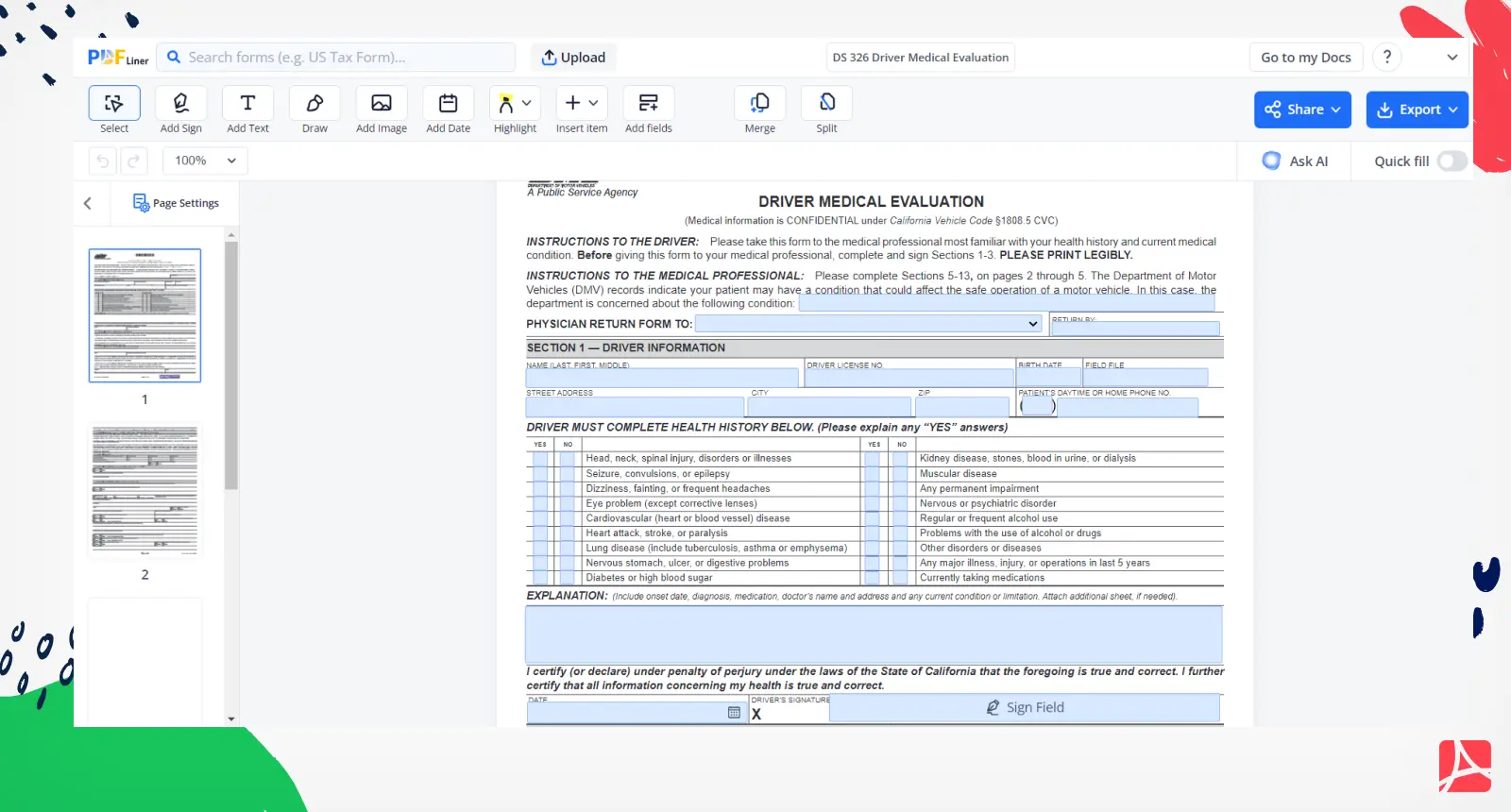 DS 326 Driver Medical Evaluation Screenshot