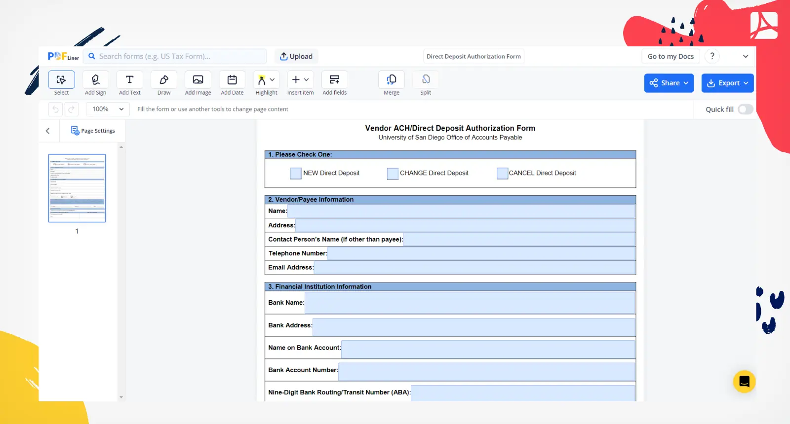 Direct Deposit Authorization Form Screenshot