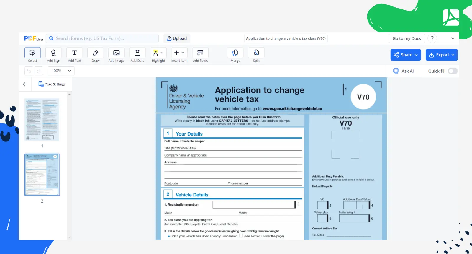 Application to change a vehicle s tax class V70 Form Screenshot