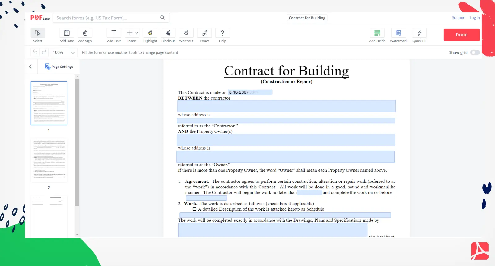 Contract for Building Form Screenshot
