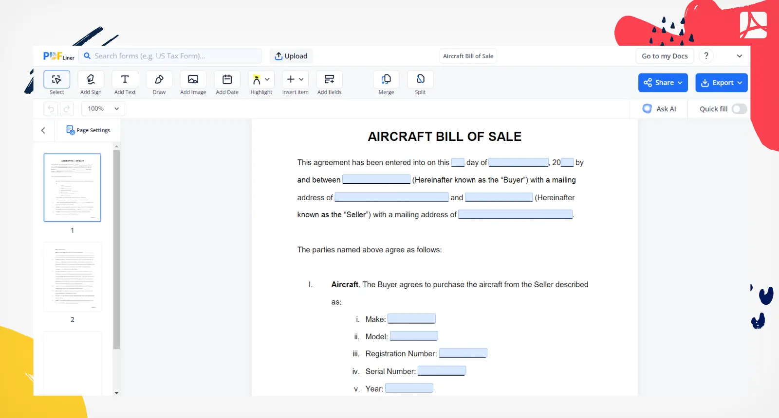 Aircraft Bill of Sale Screenshot