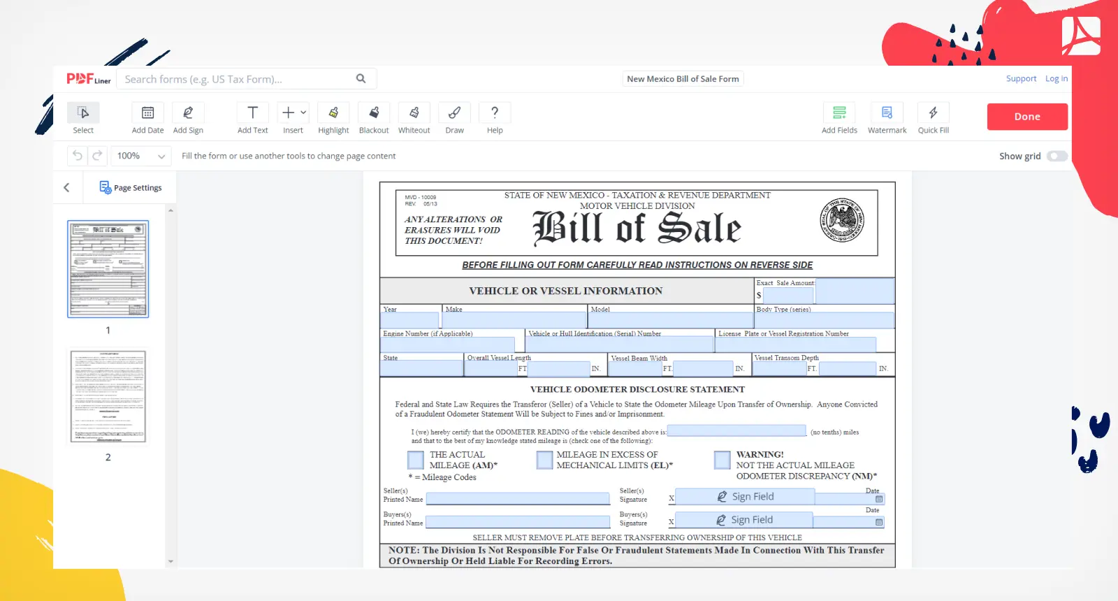 New Mexico Bill of Sale Form Screenshot