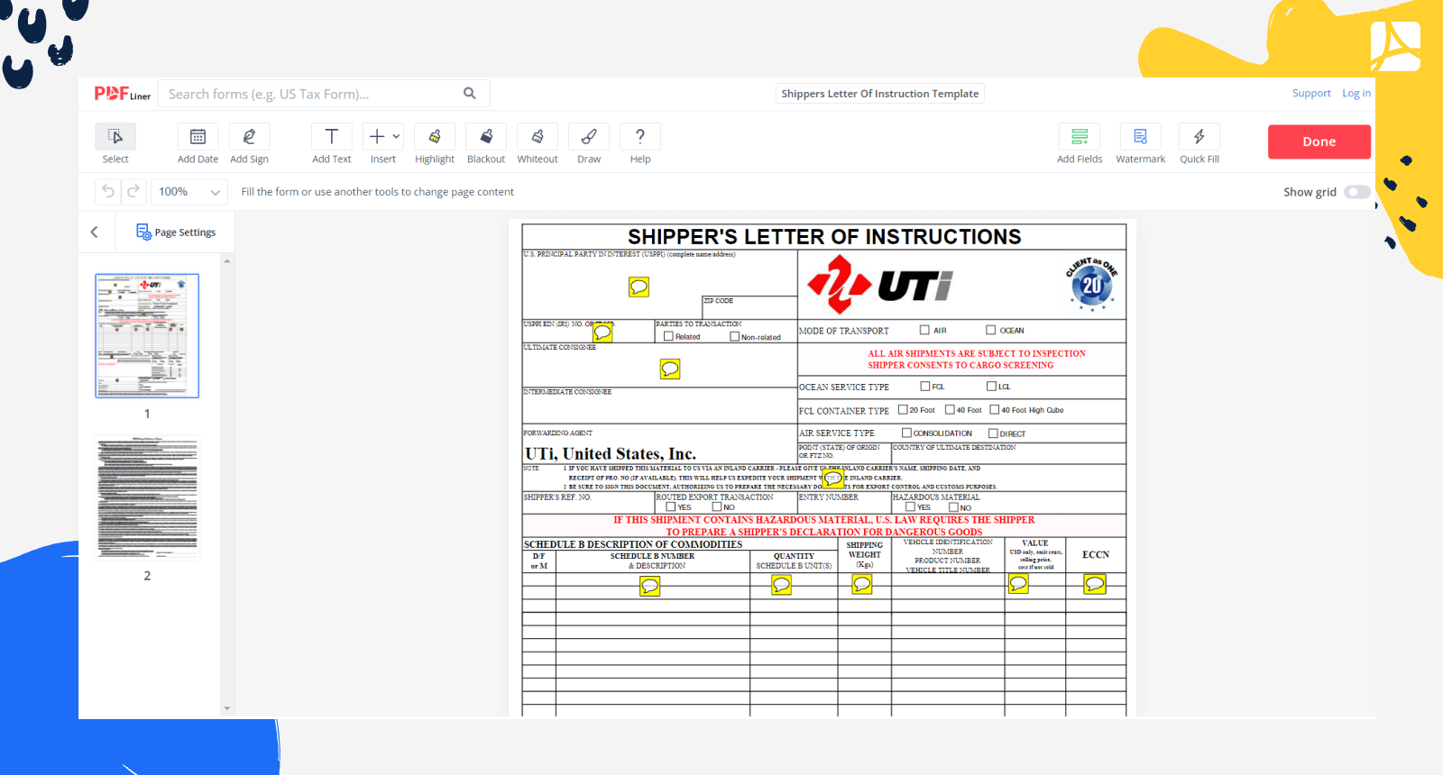 Shippers Letter Of Instruction Template Form Screenshot