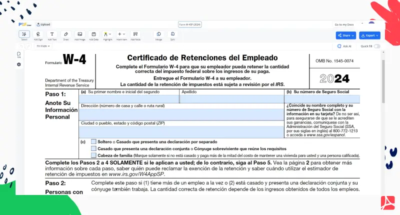 Form W-4SP (2024) PDFLiner screenshot
