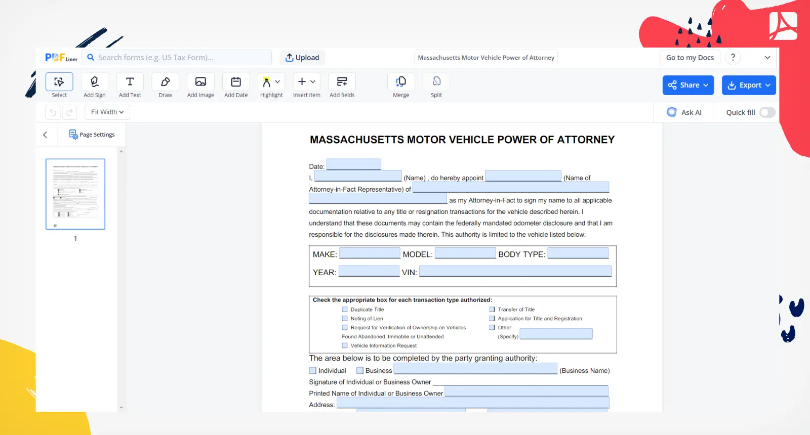 Massachusetts Motor Vehicle Power of Attorney Screenshot