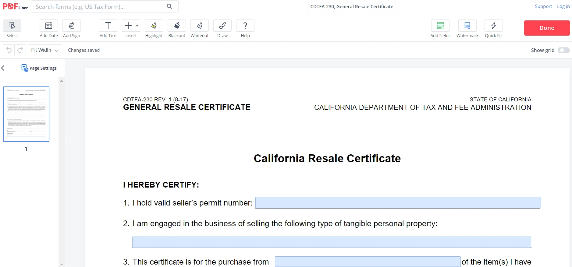 General Resale Certificate on PDFLiner