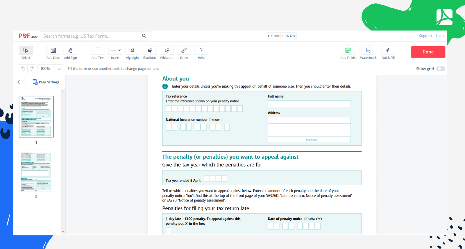 UK HMRC SA370 Form Screenshot