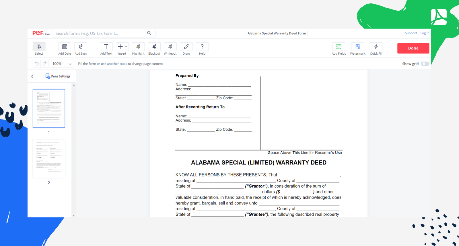 Alabama Special Warranty Deed Form Screenshot