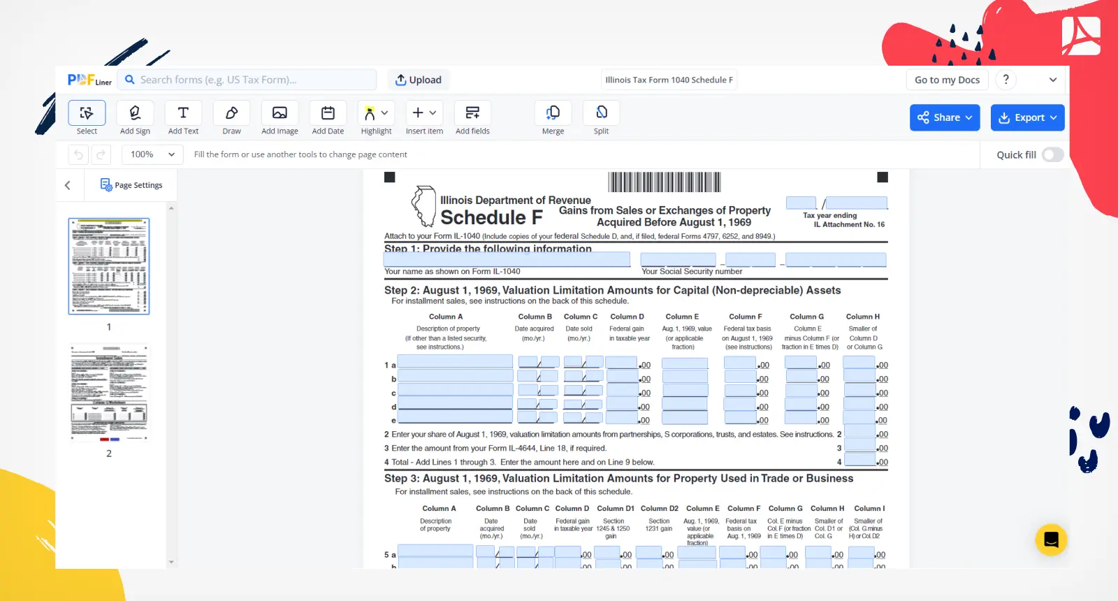 Illinois Tax Form 1040 Schedule F Screenshot