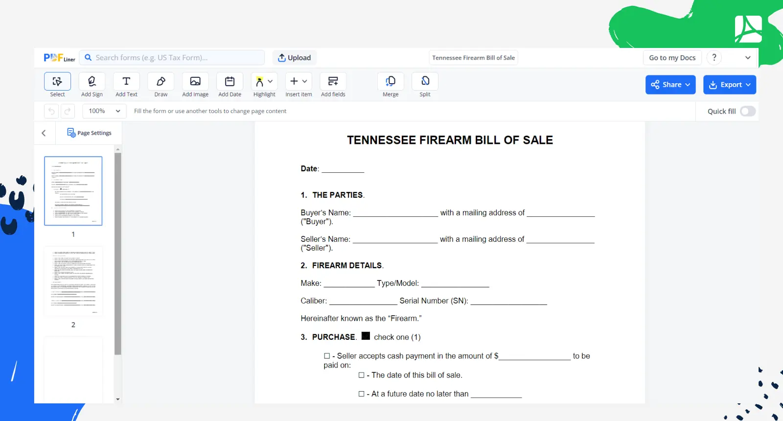 Tennessee Firearm Bill of Sale Screenshot