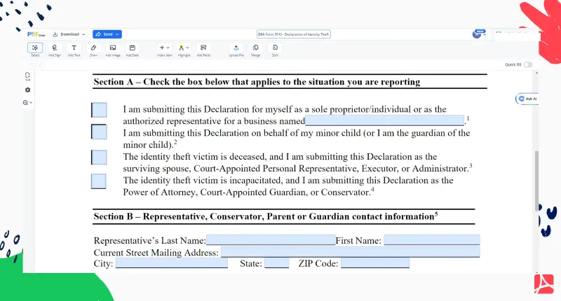 SBA Form 3513 PDFLiner screenshot