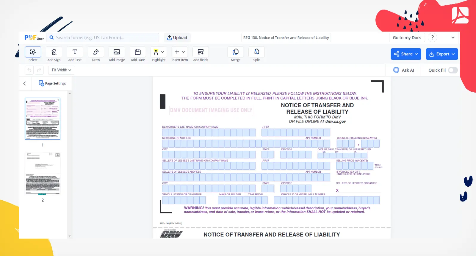 REG 138 Notice of Transfer and Release of Liability Screenshot