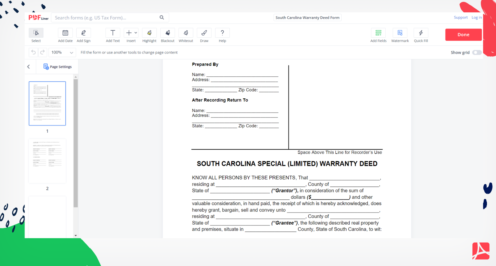 South Carolina Warranty Deed Form Screenshot