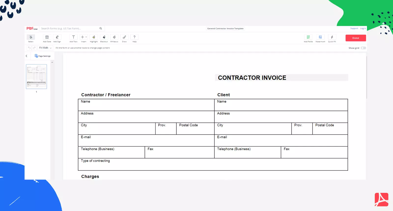 General Contractor Invoice Template  on PDFliner