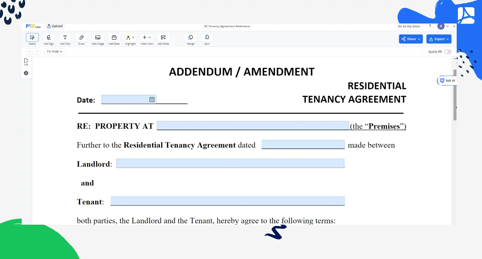 BC Tenancy Agreement Addendum PDFLiner screenshot 