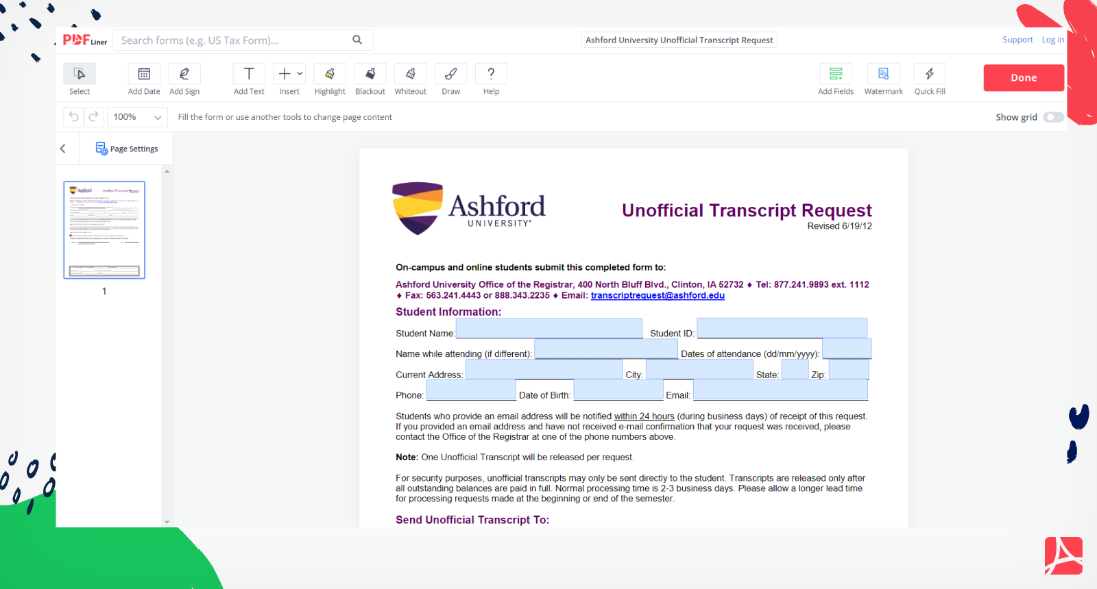 Ashford University Unofficial Transcript Request Form Screenshot