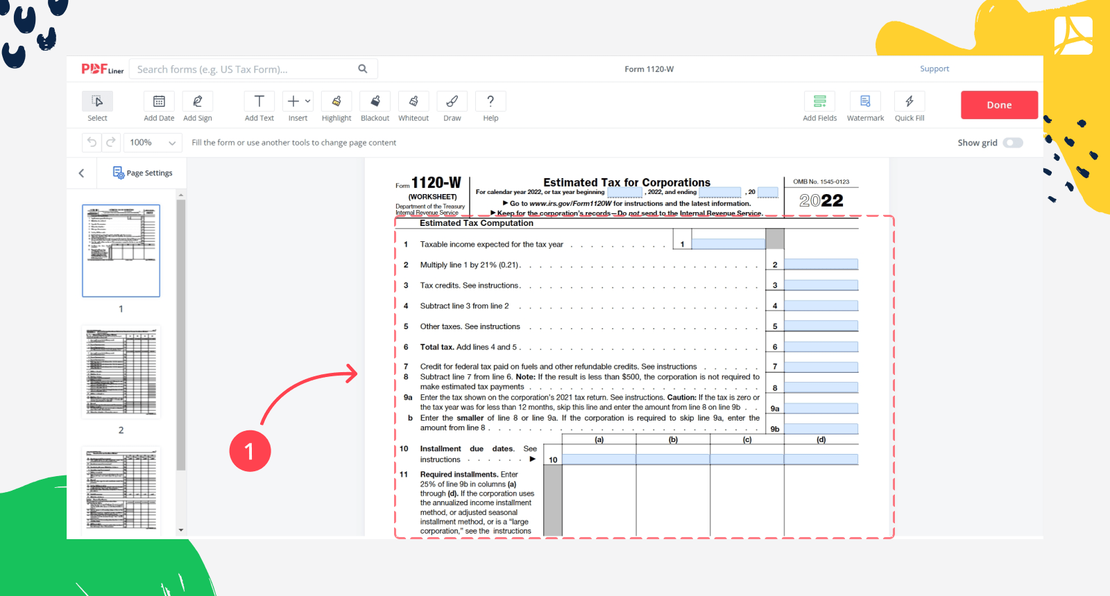 Form 1120-W in PDFLiner editor first page