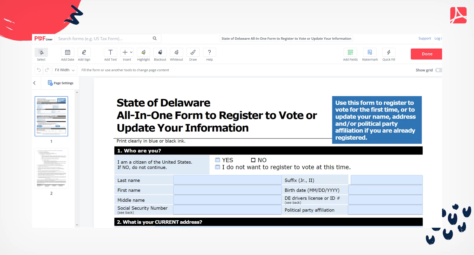 State of Delaware All-In-One Form to Register to Vote on PDFLiner