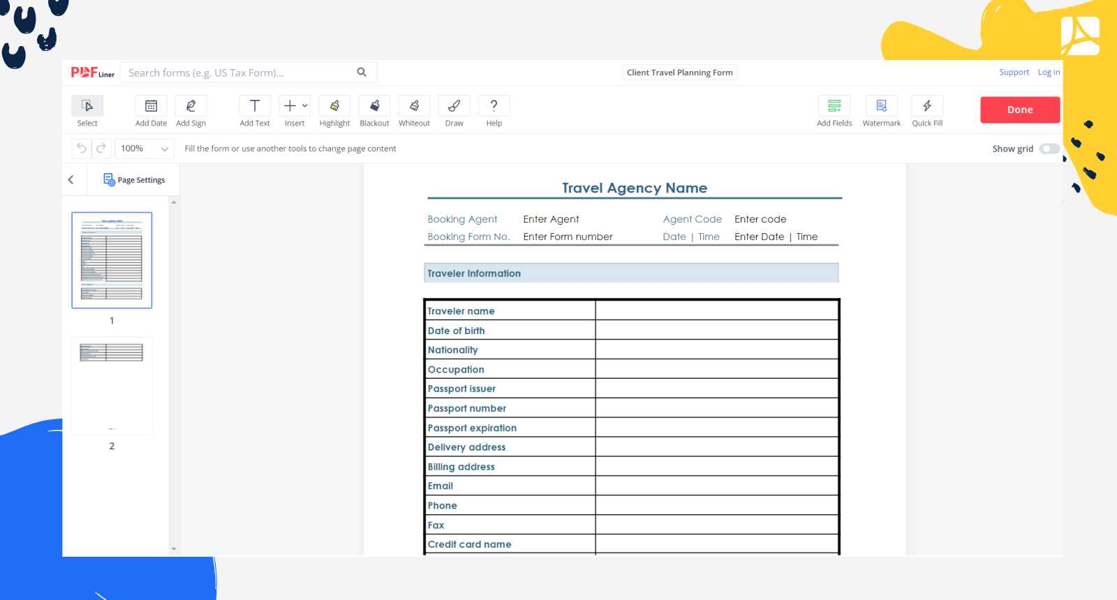 Client Travel Planning Form Screenshot