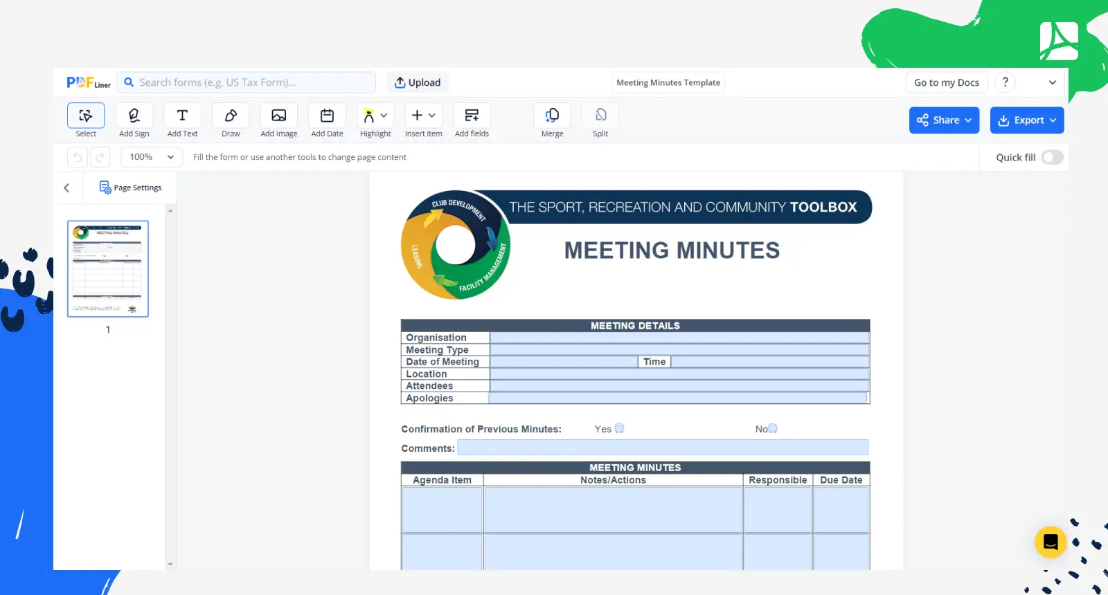 Meeting Minutes Template Form Screenshot