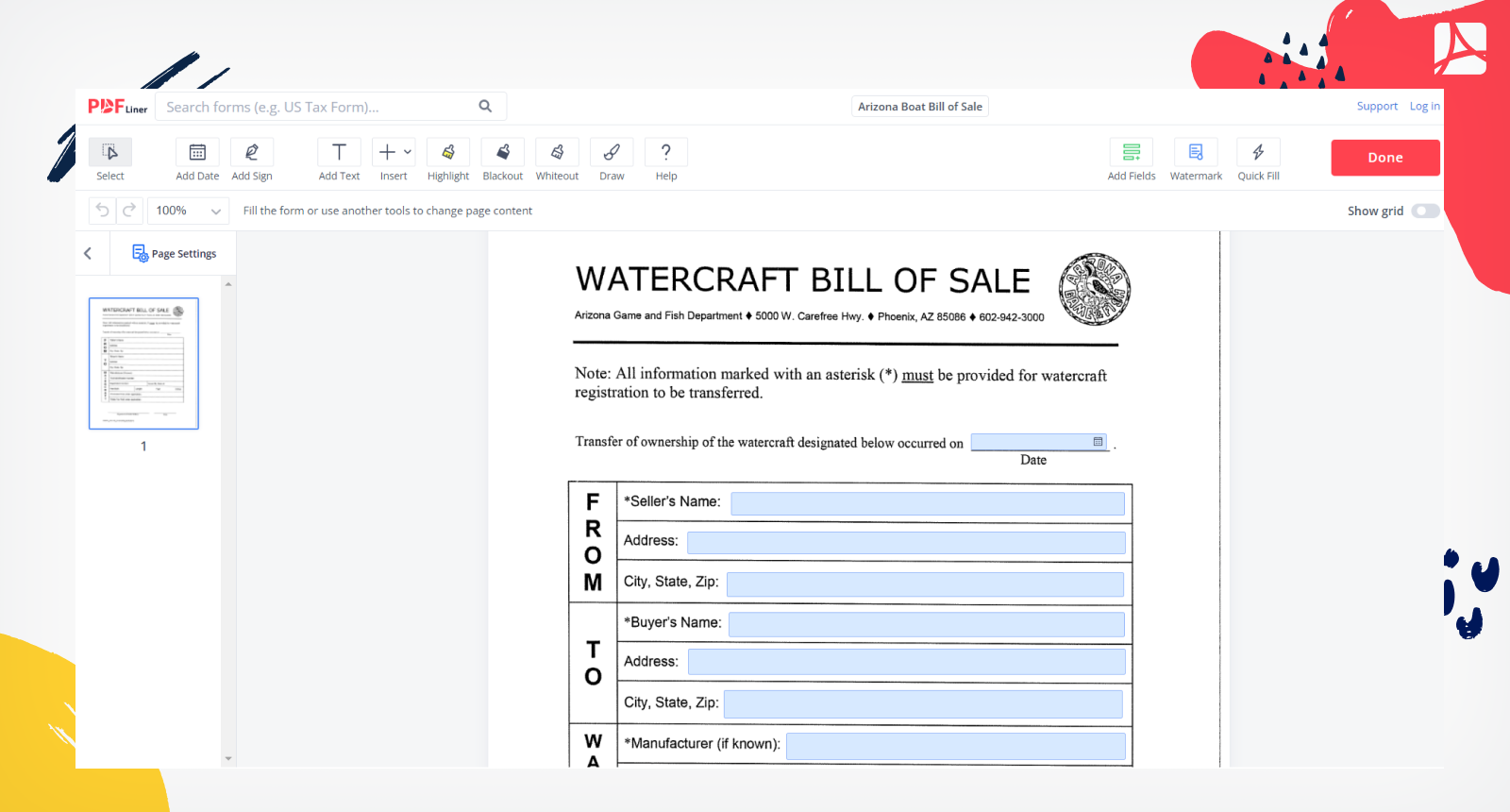 Arizona Boat Bill of Sale Form Screenshot