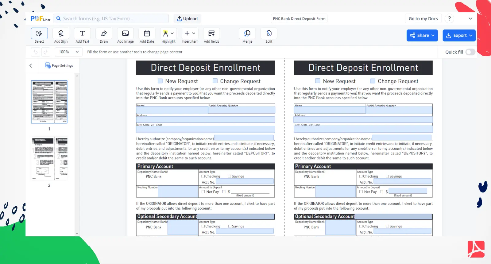 PNC Bank Direct Deposit Form Screenshot