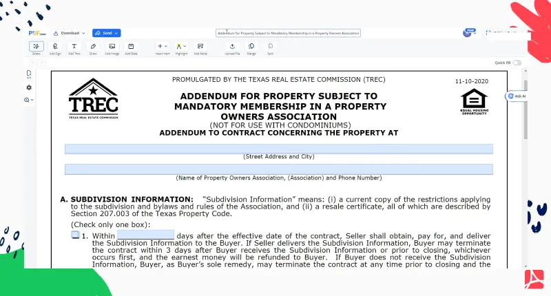 Addendum for Property Subject to Mandatory Membership in a Property Owners Association screenshot