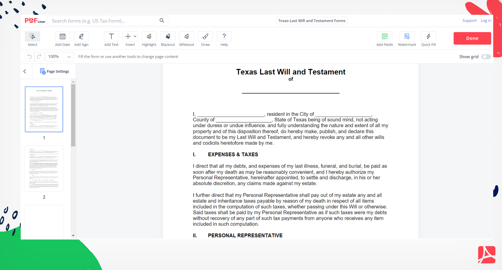 Texas Last Will and Testament Form Screenshot