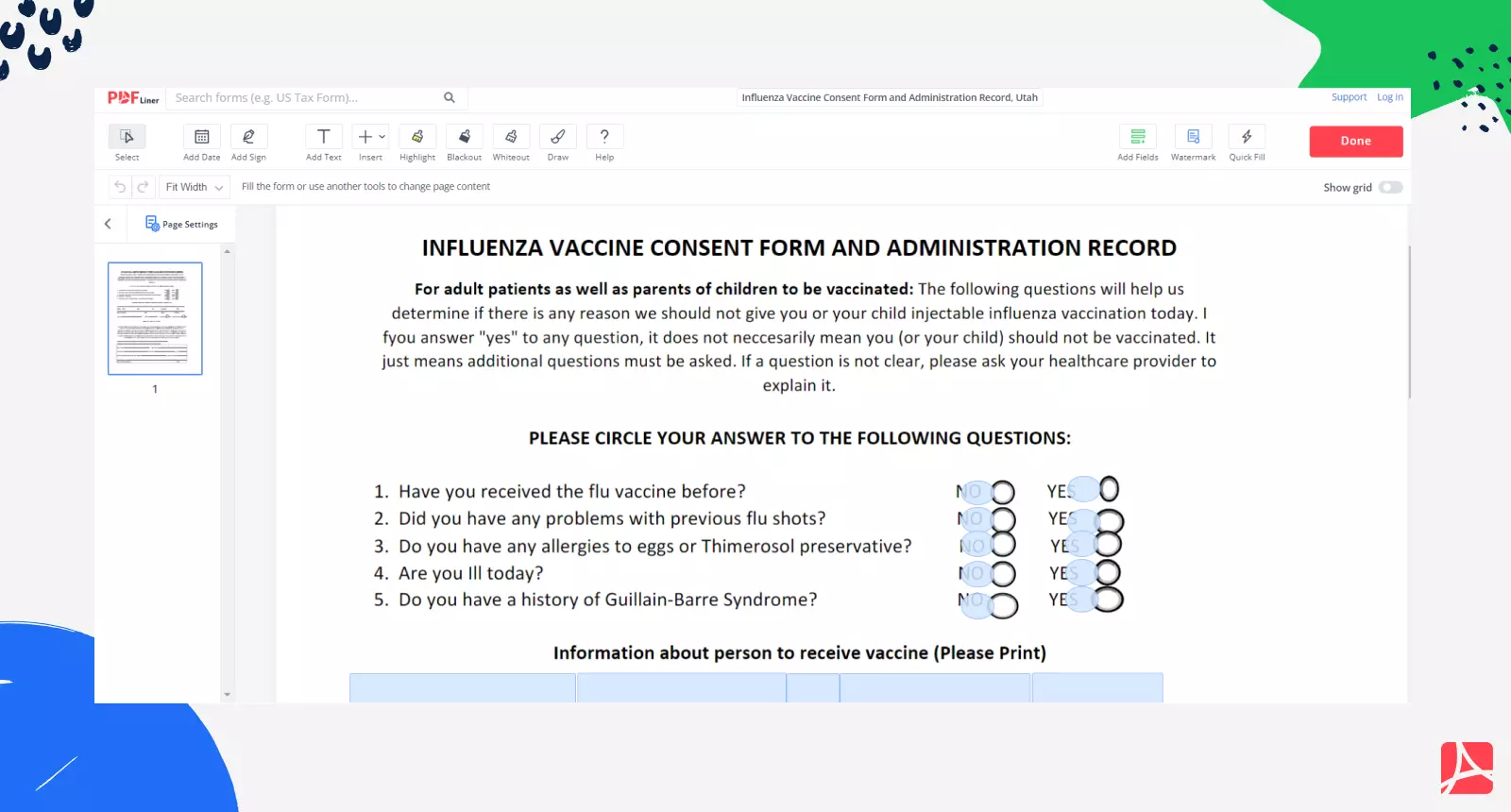 Influenza Vaccine Consent Form on PDFLiner