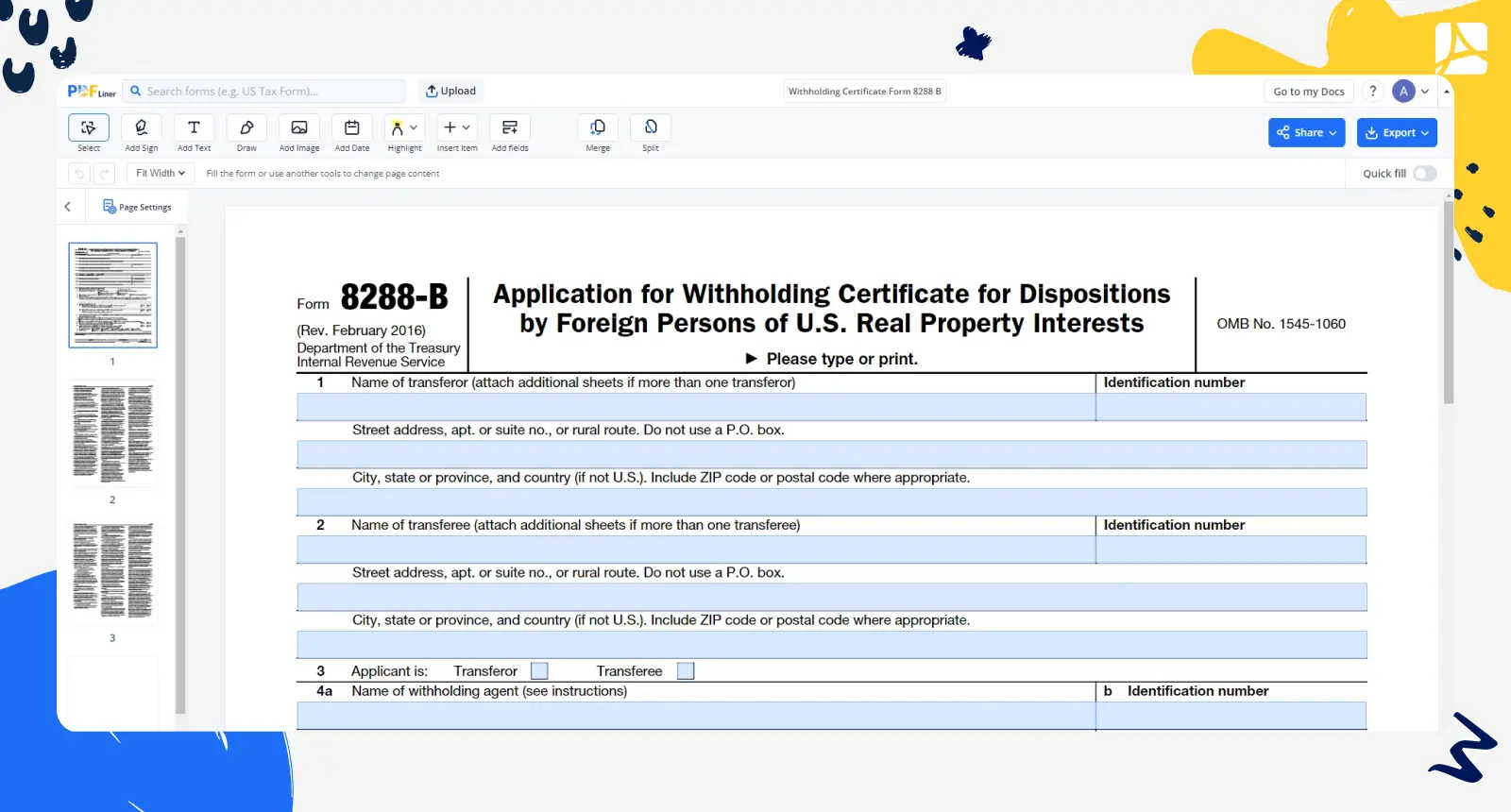 Withholding Certificate Form 8288 B screenshot