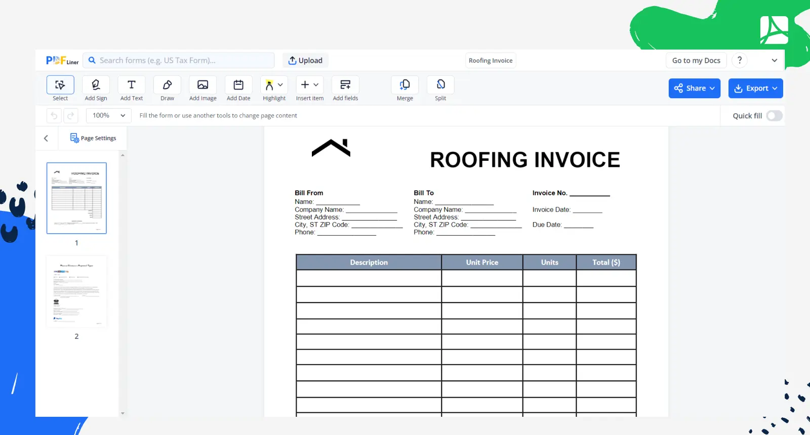 Roofing Invoice Screenshot