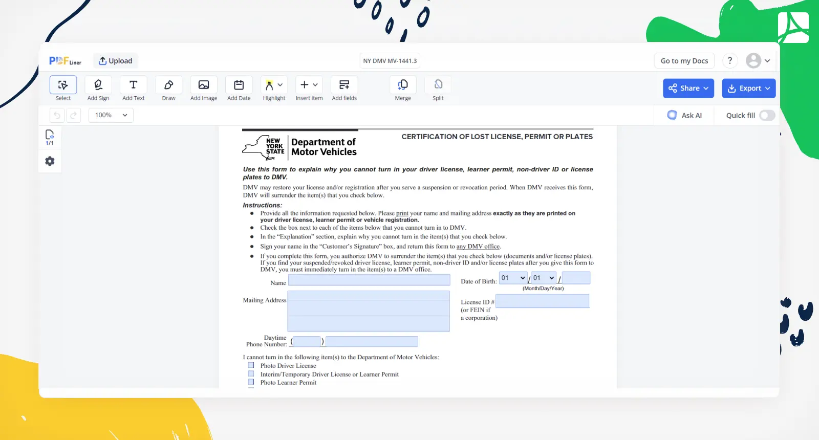 MV 1441.3 ny state lost license certificate screenshot