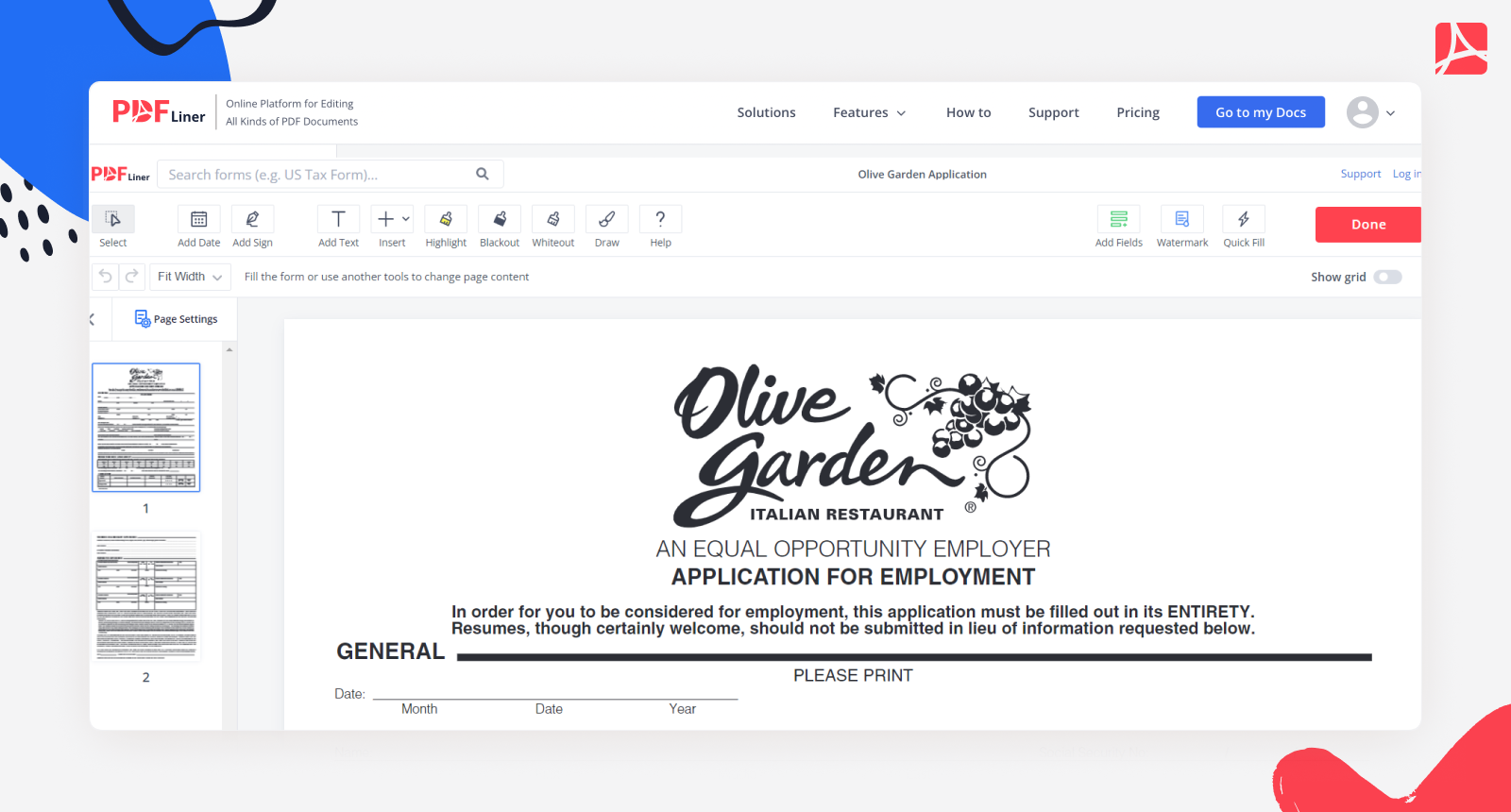 Olive Garden Application on PDFLiner