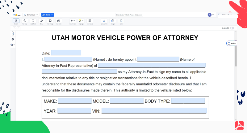 Utah Motor Vehicle Power of Attorney screenshot