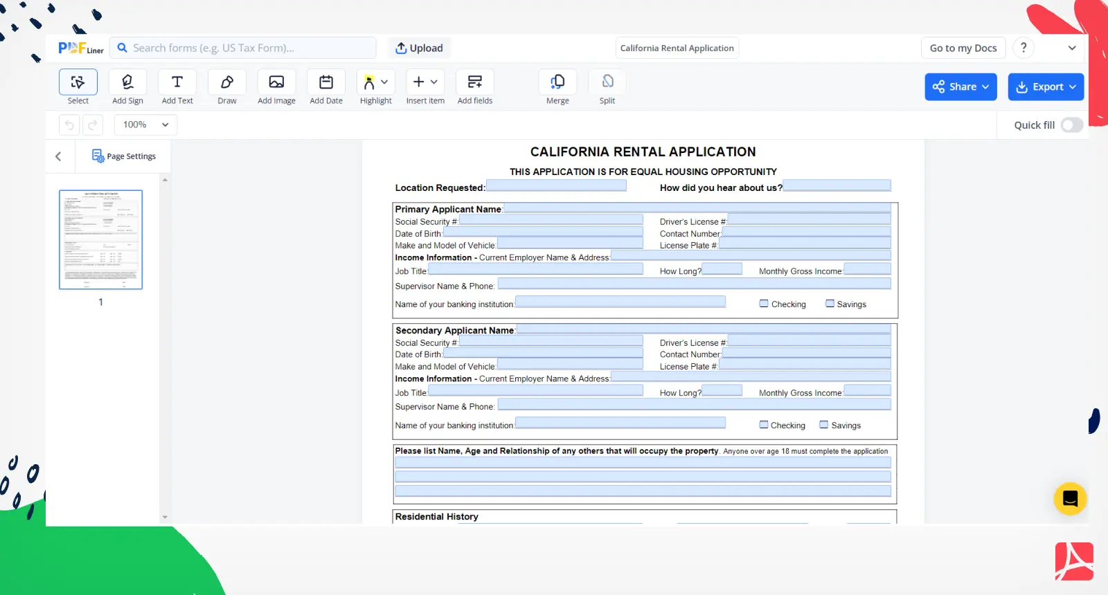 California Rental Application Screenshot