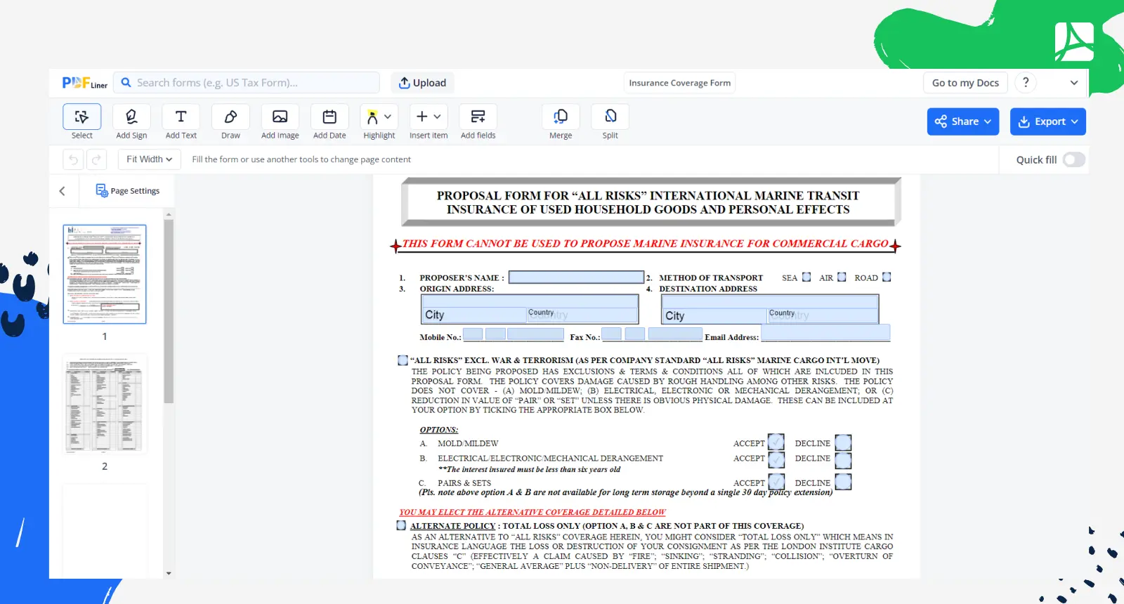 Insurance Coverage Form Screenshot
