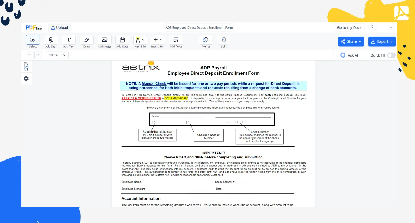 ADP Employee Direct Deposit Enrollment Form Screenshot