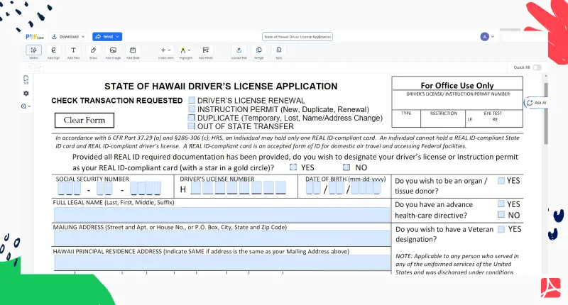 State of Hawaii Driver License Application screenshot