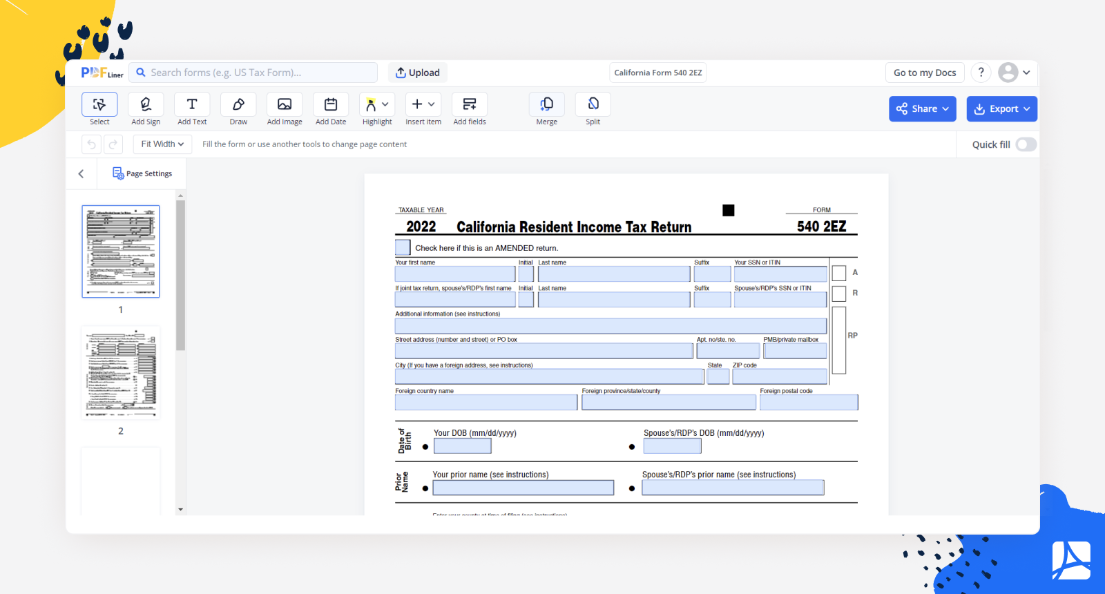 tax form 540 2ez screenshot
