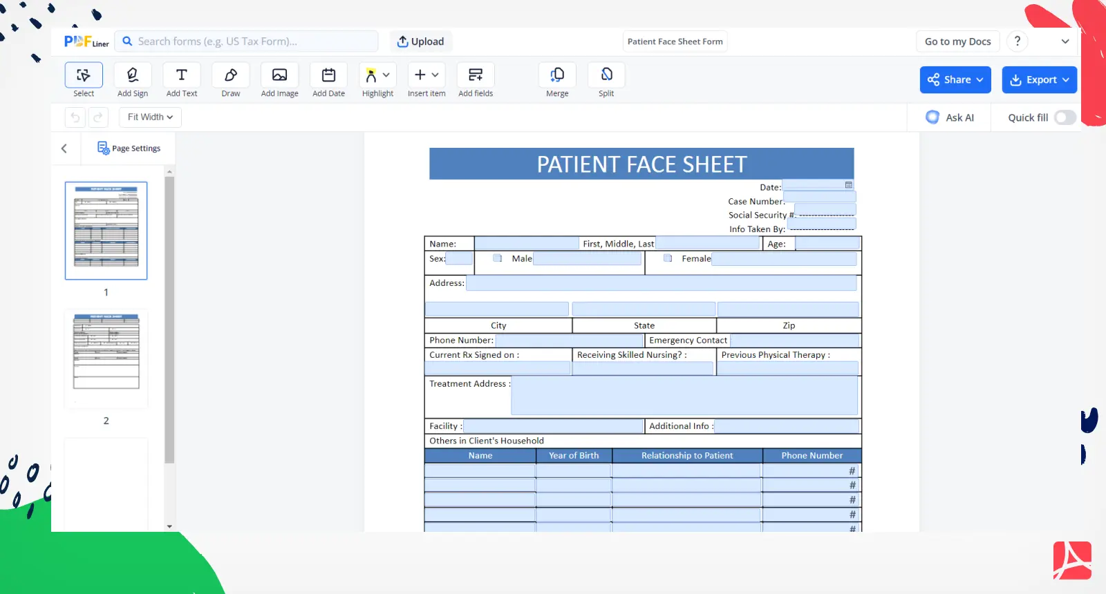 Patient Face Sheet Form Screenshot