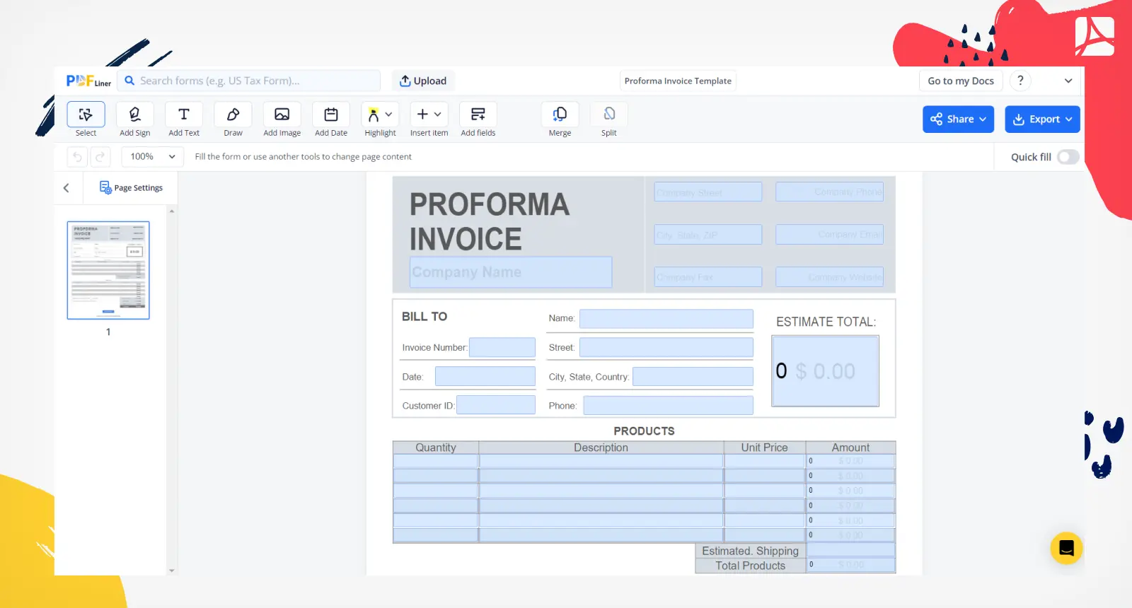 Proforma Invoice Template Form Screenshot