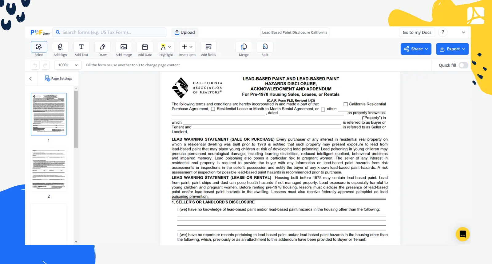 Lead Based Paint Disclosure California Form Screenshot