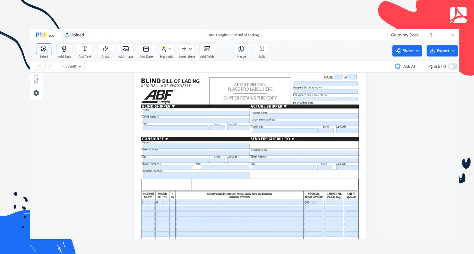 ABF Freight Blind Bill of Lading Screenshot